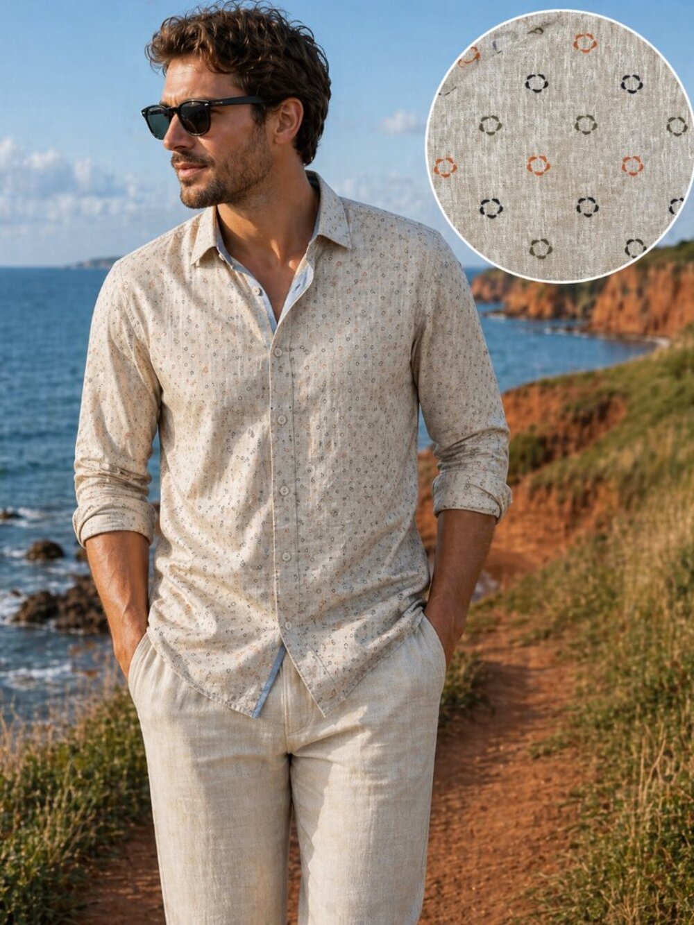 Point Zero Luxury Beige Pattern Button-Up Shirt | Semi Fit Men’s 17–17.5 Collar